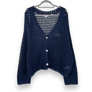 VINCE Crochet Cardigan Sweater Womens 3X Navy Blue Organic Cotton Button Front
